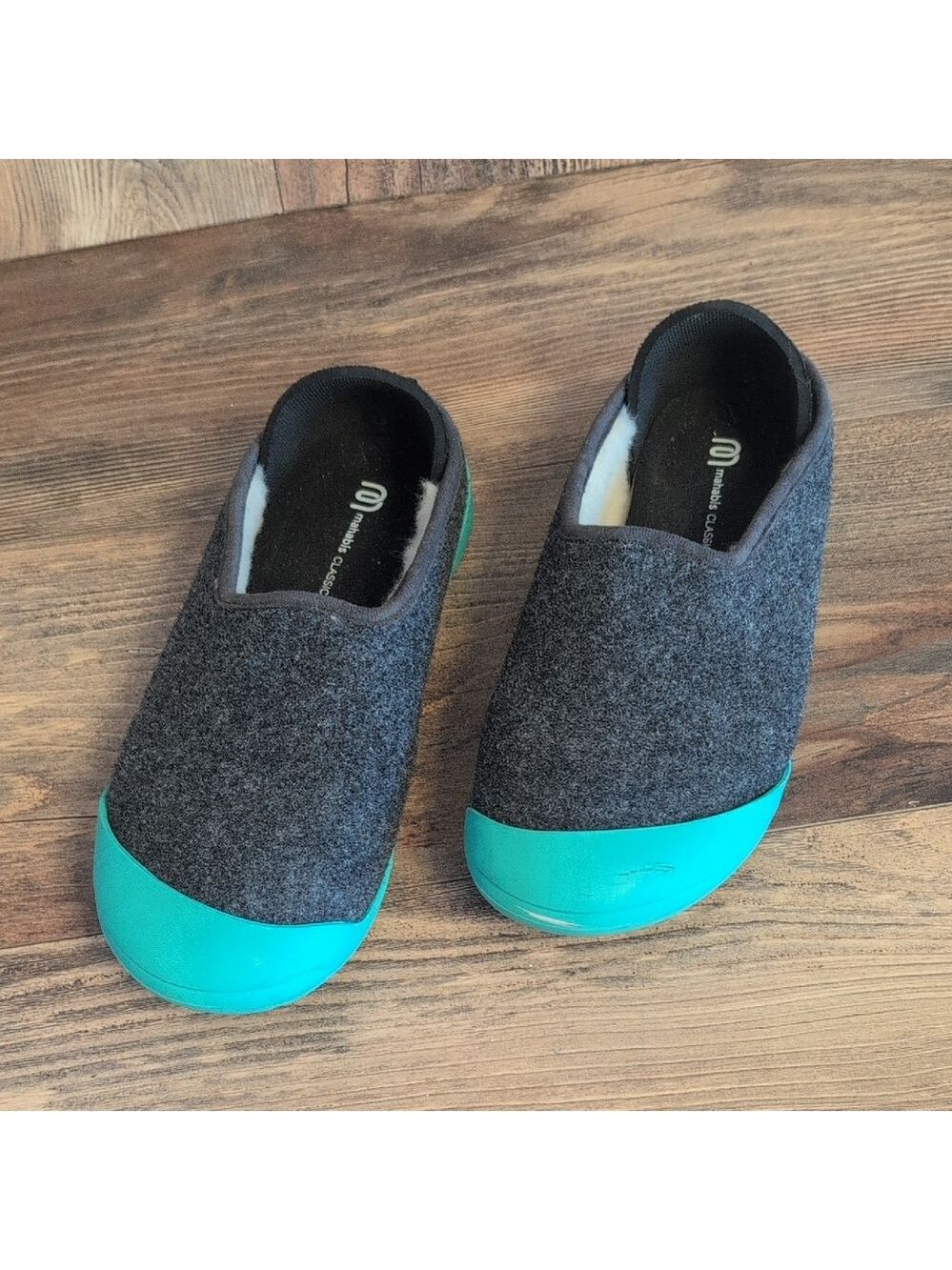 Mahabis Classic Gray and Teal Wool Detachable Soul Slip-On Slippers 39 M335